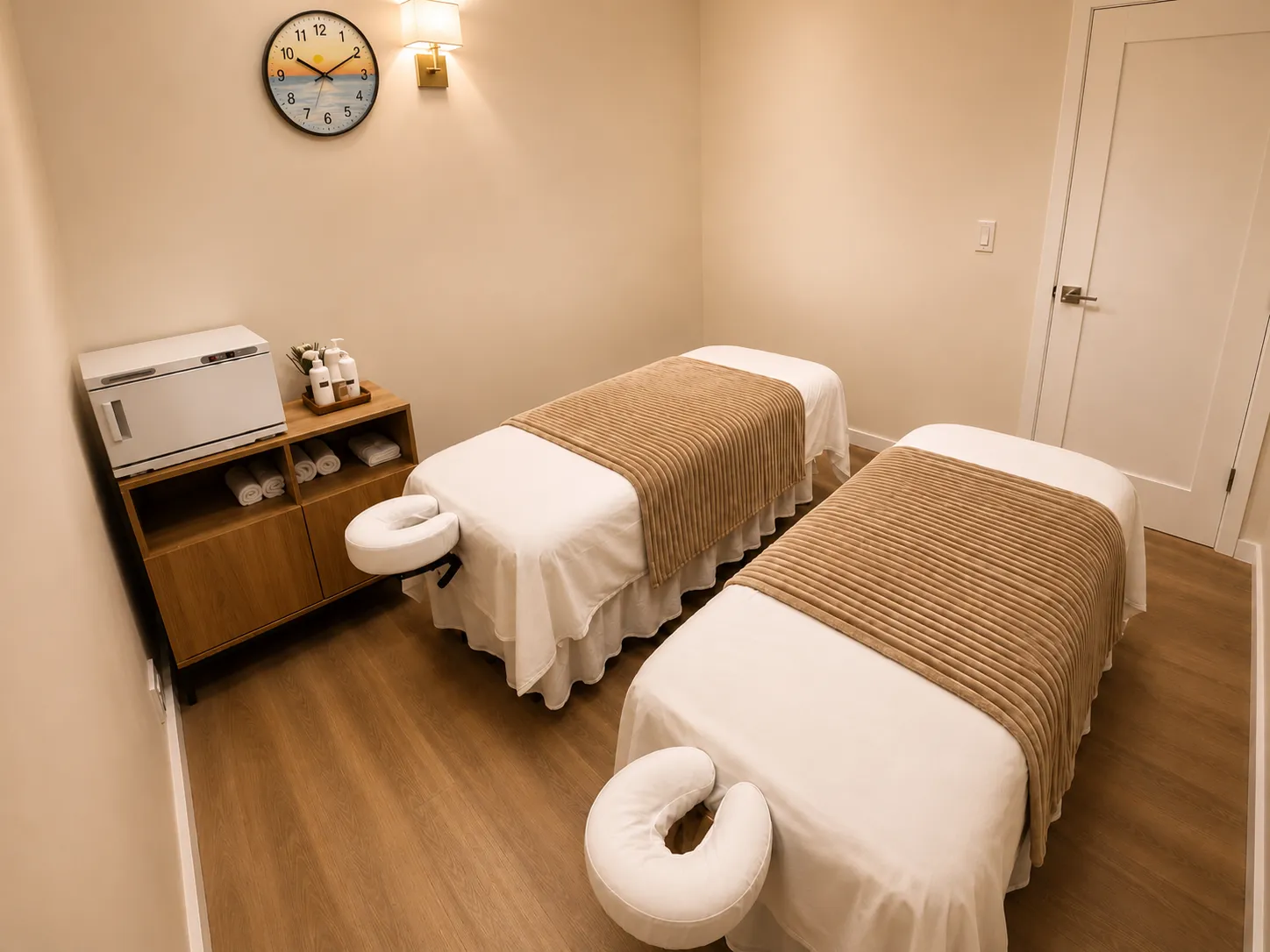 Couples treatment room at Harbor Wellness Massage in San Carlos, two tables made up with fresh linens beside a towel warmer