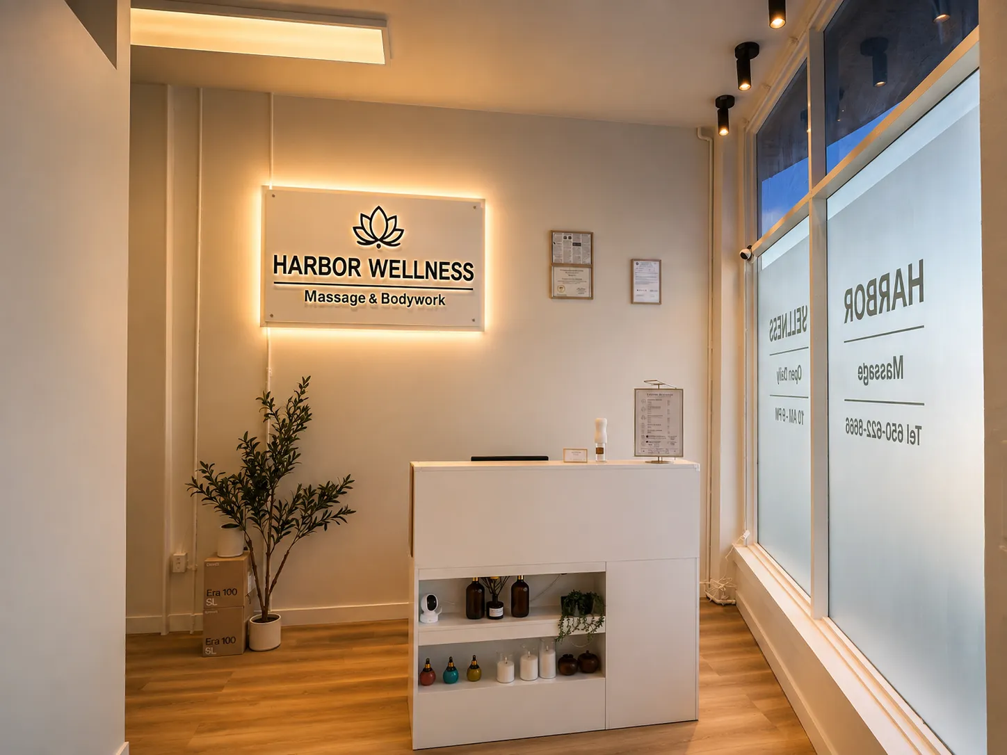 Harbor Wellness Massage reception glowing warm in the evening at 1658 El Camino Real in San Carlos