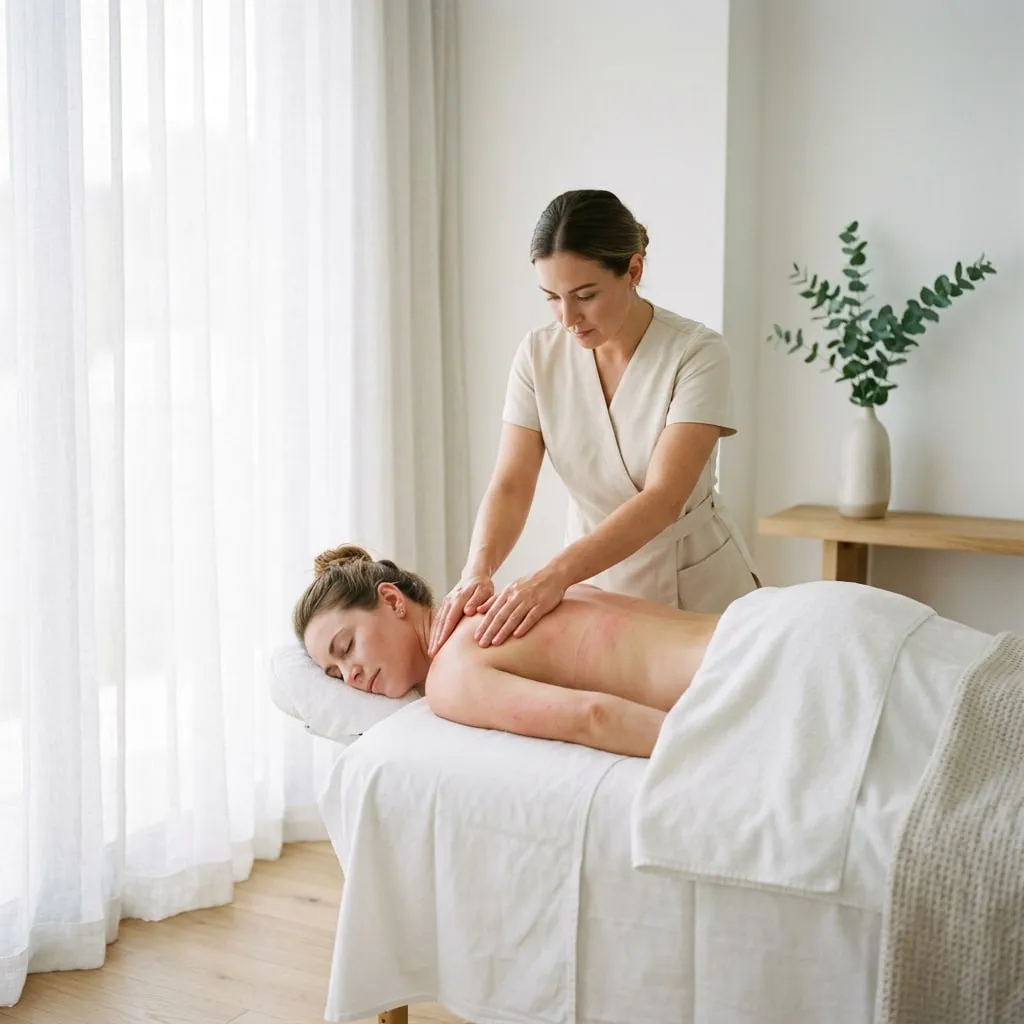 A therapist pressing into a guest's upper back during a Deep Tissue Massage at Harbor Wellness Massage in San Carlos