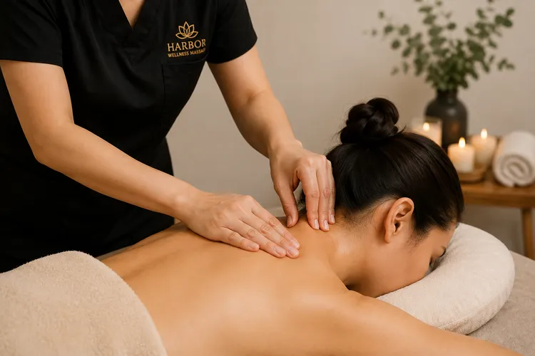 Therapist in a Harbor Wellness Massage tunic working along a guest's upper back and neck during a full-body session in San Carlos