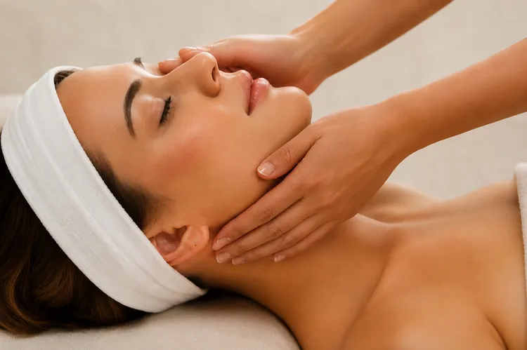 Lymphatic facial in progress, light strokes worked along the jaw and neck, at Harbor Wellness Massage in San Carlos
