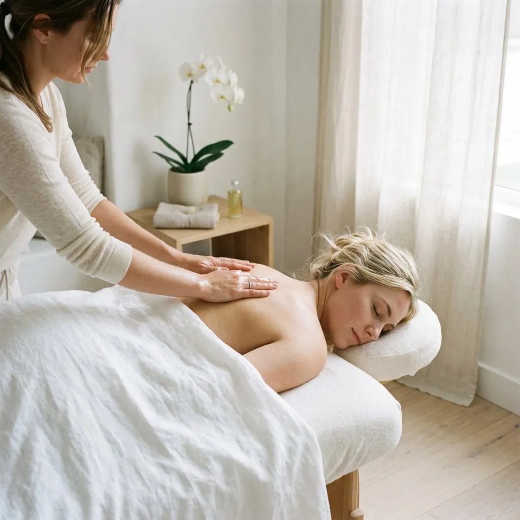 A therapist's hands resting on a relaxed guest's upper back during a Swedish Massage at Harbor Wellness Massage in San Carlos, with an orchid and linen in the room