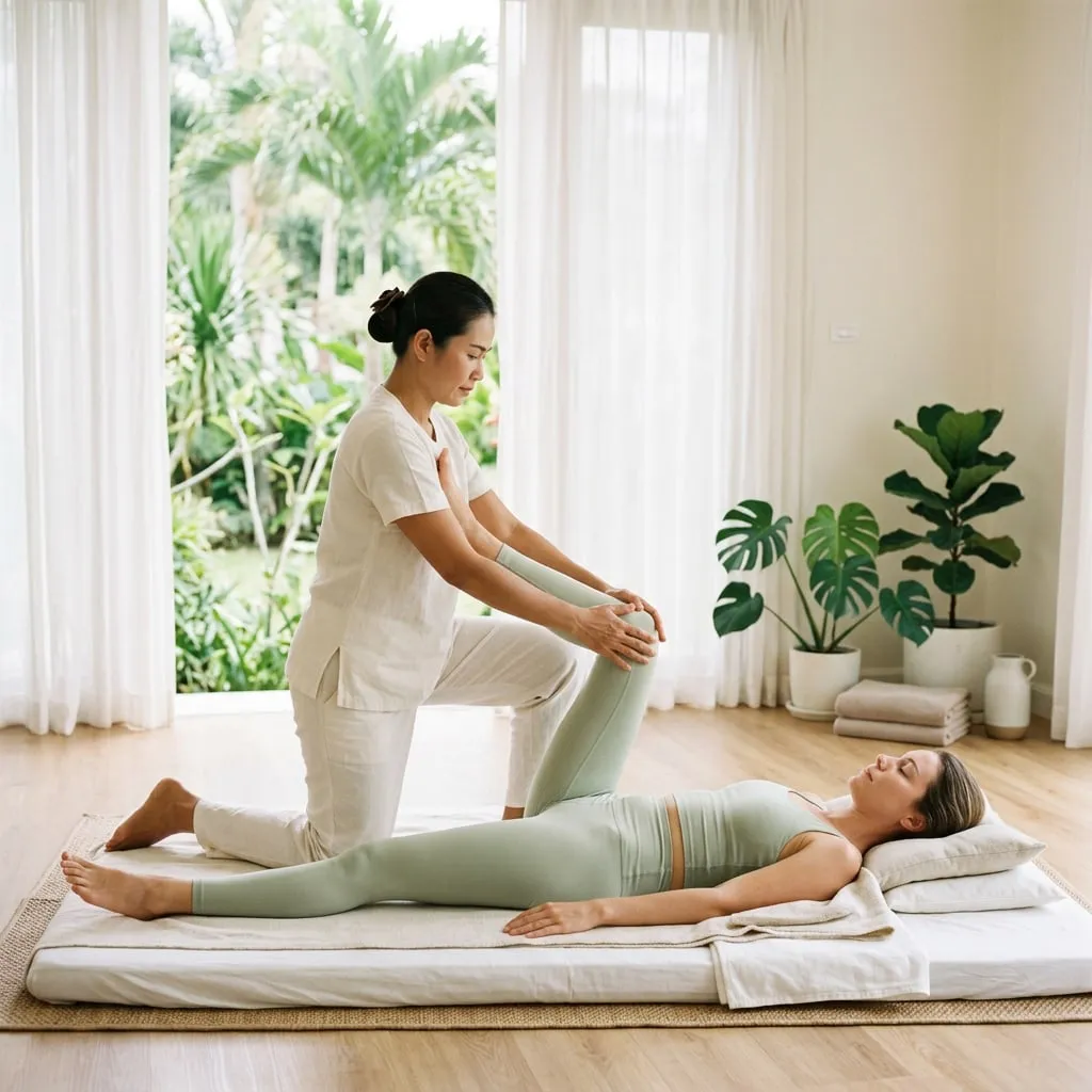 Thai massage in San Carlos: a therapist working an assisted stretch through the leg and hip at Harbor Wellness Massage
