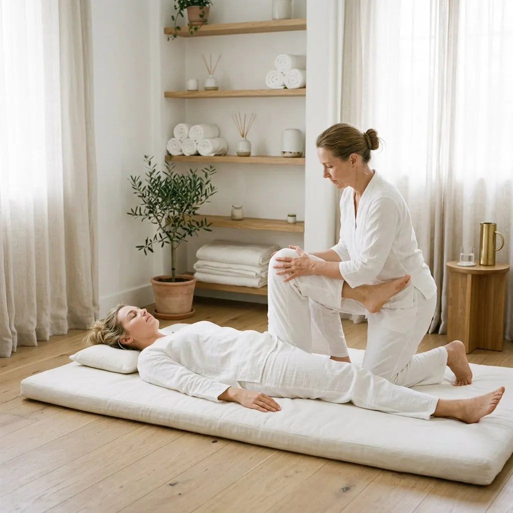 Top rated Thai massage in San Carlos, CA: a therapist guiding an assisted leg stretch at Harbor Wellness Massage